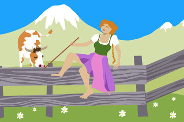 Fototapeta premium Junge Frau im Dirndl springt über Weidezaun auf der Alm mit Bergen, Kuh und Weiden als Illustration für Tradition in Österreich und Bayern