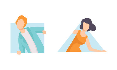 Set of Curious People, Female Characters Peeping and Looking out of Windows of Geometric Shapes Flat Vector Illustration