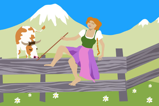 Junge Frau im Dirndl springt &uuml;ber Weidezaun auf der Alm mit Bergen, Kuh und Weiden als Illustration f&uuml;r Tradition in &Ouml;sterreich und Bayern