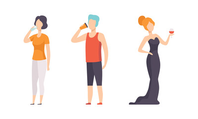 Set of People with Various Drinks, Male and Female Characters Drinking Coffee, Water and Wine Flat Vector Illustration
