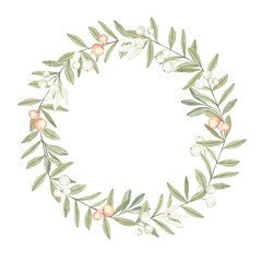 Minimalistic herbal wreath in vintage style. Soft reserved color range, watercolor hand painted elements. 