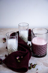 vegan hibiscus and rose latte in a glass