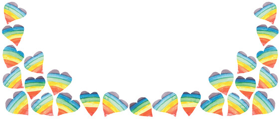 Fototapeta na wymiar Watercolor hand painted graphic frame with red, orange, yellow, green, blue and purple color rainbow hearts composition on the white background for card design with space for text