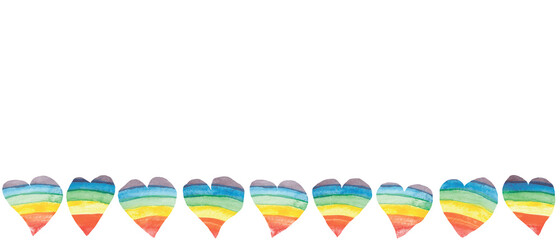 Watercolor hand painted graphic colorful banner line with red, orange, yellow, green, blue and purple colors rainbow hearts composition on the white background for card design