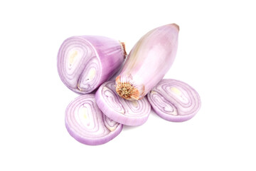 Shallot halves and slices isolated on white background