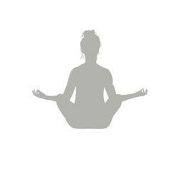 Yoga pose Silhouette, woman meditating in a lotus pose, multicolored drawing portrait. Meditation relaxation cartoon girl sitting cross-legged and hands clasped on the chest.  