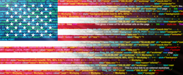 Creative (united states of America) flag banner of Binary Code ,modern technology and site development, 3D illustration.