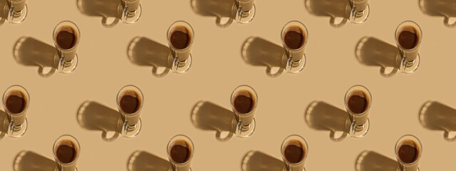 glass of hot chocolate on a colored background.Chocolate Day. Banner. Pattern
