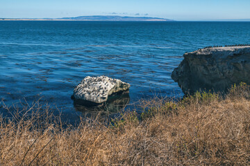 Rocks in the ocean and flock of birds. Pacific Coast, California