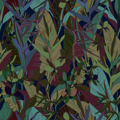 Seamless vector pattern lined tropical leaves and flowers ornament in violet and blue tones