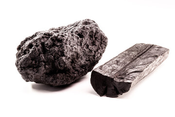 piece of mineral coal and charcoal together, industrial fuel, with isolated white background.