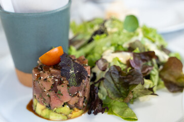 Tuna tartar dish over avocado pieces and lettuce on side. Gourmet restaurant, raw food concepts