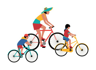 Fototapeta premium Mom, kids ride bicycle flat color vector icon. Mother, baby girl, boy cute cartoon design element. Family active sport leisure activity. Parent, children together summer outdoor bicycling illustration