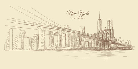 Sketch of a bridge over the river and outlines of a city with skyscrapers, New York, hand-drawn.	
