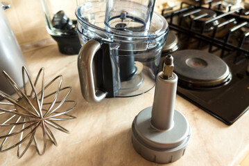 kitchen machine, food processor. nozzles, parts, accessories, elements of a Food Processor.Concept...