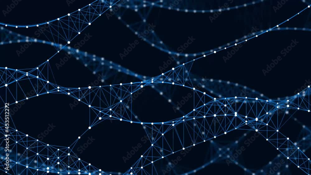 Leinwandbilder Abstract blue background of points and lines. DNA cyber structure. Wave of particles and lines. Network. Big data stream. Seamless loop. 3d rendering