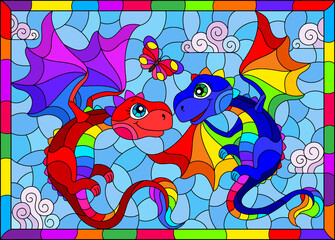 Stained glass illustration with bright cartoon dragons against a cloudy blue sky, in a bright frame