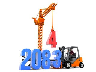 3D illustration of number 2084 with forklift and crane