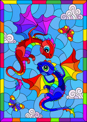 Stained glass illustration with bright cartoon dragons against a cloudy blue sky, in a bright frame