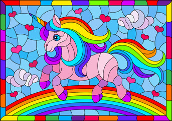 Obraz na płótnie Canvas Stained glass illustration with winged bright rainbow cartoon unicorn against a cloudy blue sky and rainbow, in bright frame