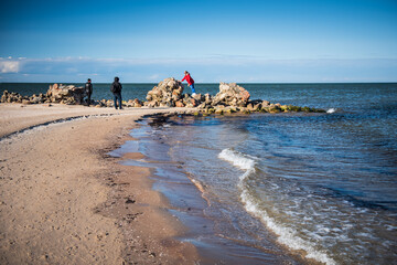Cape Kolka with stones and Baltic sea, Kolka, Latvia.
