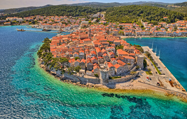 Aerial shot of the Old medieval town as Korcula center