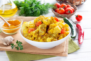 Gobi Aloo cauliflower and potatoes on a plate on the table, horizontal