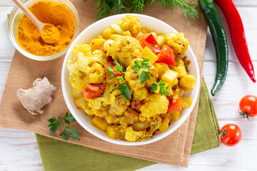Curry roasted cauliflower - vegetarian vegetable dish, selective focus. Top view