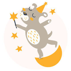 Cartoon cute doggy for baby card and invitation. Vector illustration animal. Mascot puppy standing on the moon and holding wonder wand