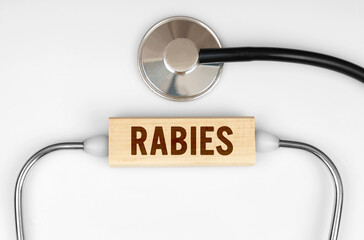 On the table is a stethoscope and a wooden plate with the inscription - Rabies