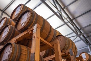 wooden wine's barrels in warehouse
