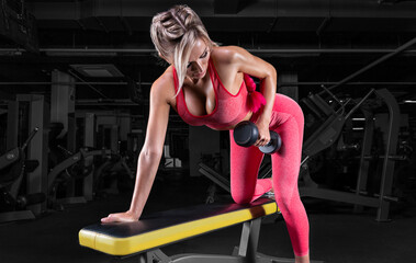 Portrait of a sexy athlete who trains with dumbbells near the bench in the gym. Fitness concept.
