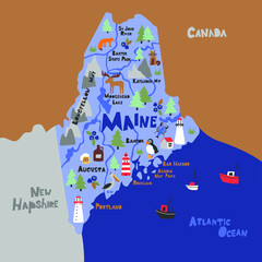 Maine infographic flat hand drawn vector illustration. American state map isolated on blue background. Maine travel routes, landmarks with city names lettering cartoon cliparts