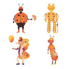 Set of human-like insect characters in the form of bee, ant, gentleman butterfly and ladybug.Vector illustration for banner, sticker, postcard, honey advertisement. Flat design.