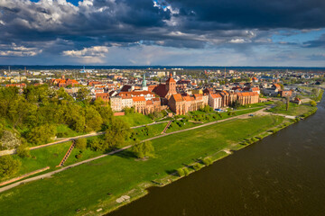 Grudziądz city over the Vistula River in the afternoon sun. Poland