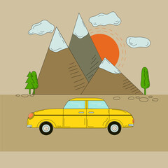 Car in the mountains. Tourism by car. Yellow retro car in doodle style. Vector illustration, background isolated.
