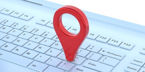 Fototapeta premium Online maps, gps navigation concept. Map pointer location on a laptop. 3d illustration