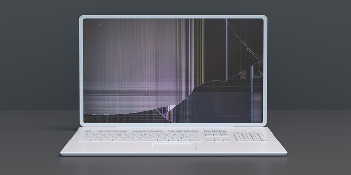 Computer laptop with broken screen isolated on black background. 3d illustration