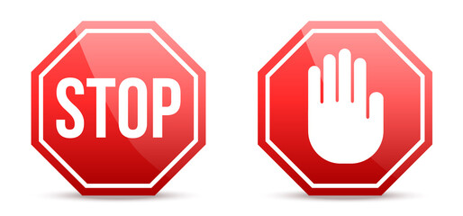 STOP signs in flat design. Vector illustration. Red stop signs isolated on white background