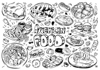 Hand drawn vector illustration. Doodle American food: hot-dog, burger, french fries, tomato, turkey, dumplings, cobb, donuts, pie