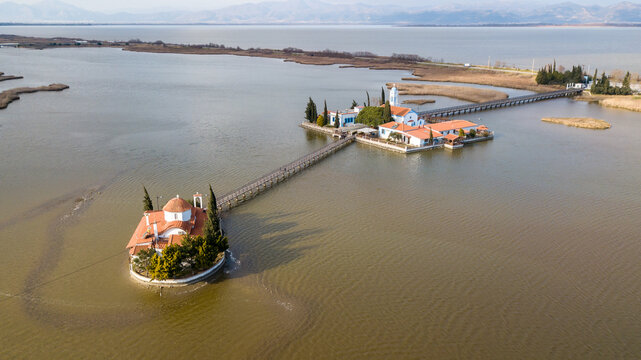Aerial drone view od Agios Nikolaos Monastery on the Vistonida Lake at Porto Lagos, Greece