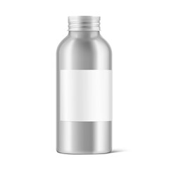 Hight realistic aluminum bottle mockup with label isolated on white background. Can be used for cosmetic, medical. Vector illustration. EPS10.	