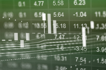 Financial data in term of a digital prices on LED display. A number of daily market price and quotation of prices chart to represent candle stick tracking in Forex trading.