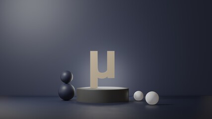 Mu sign in 3D style. 3D illustration of physics symbol in podium and dark background