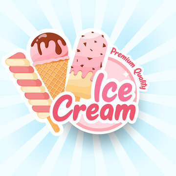 Tasty colorful ice cream label.  Summer poster, flyer or banner. Cartoon style vector illustration. Blue sunburst background. Strawberry, chocolate, vanilla ice cream, ice lolly twist.

