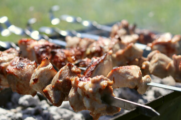 Fresh shish kebab on skewers is fried on the grill. Grilled meat on skewers. Cooking.