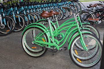 Bicycle rental in a public park, or store. Many bicycles are in a row, modern models in retro style, pastel green. Green transport concept, alternative view, environmental friendliness