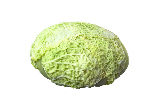 Savoy cabbage isolated on white background. Full organic Curly green Cabbage. Image texture cabbage leaf