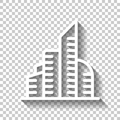 Simple icon of building, city or town, bank or office. White linear icon with editable stroke and shadow on transparent background