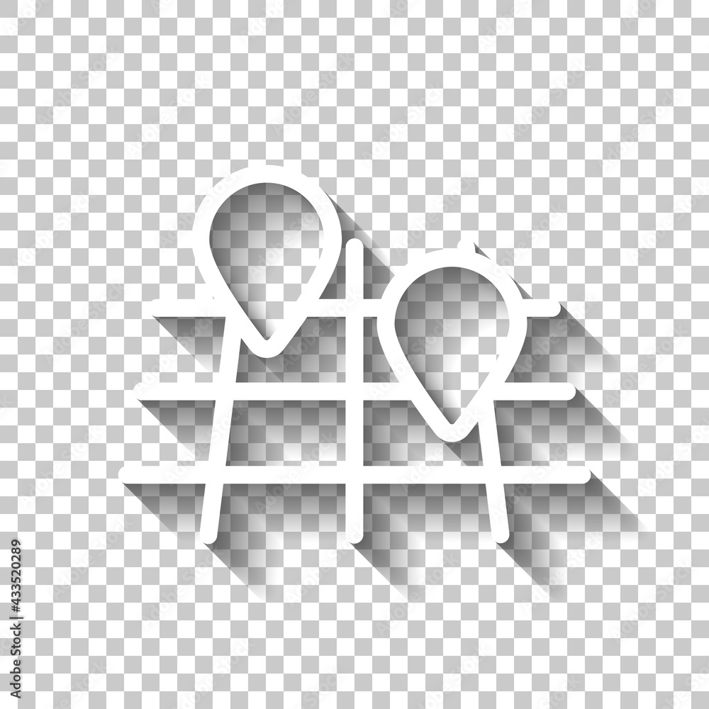 Poster map with pin, location by gps, simple landmark. white linear icon with editable stroke and shadow on